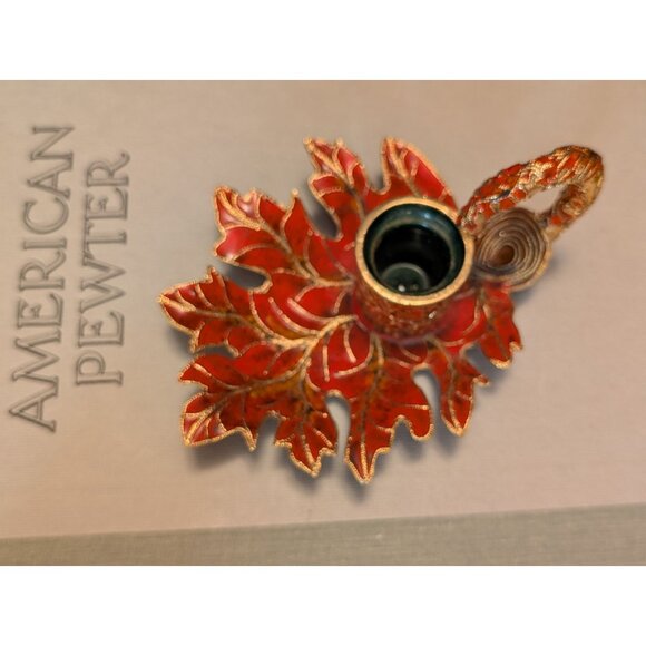 Vintage Leaf-Shape Red & Gold Cloisonne Candle Holder 5.5" Ornate Handcrafted - Picture 2 of 8
